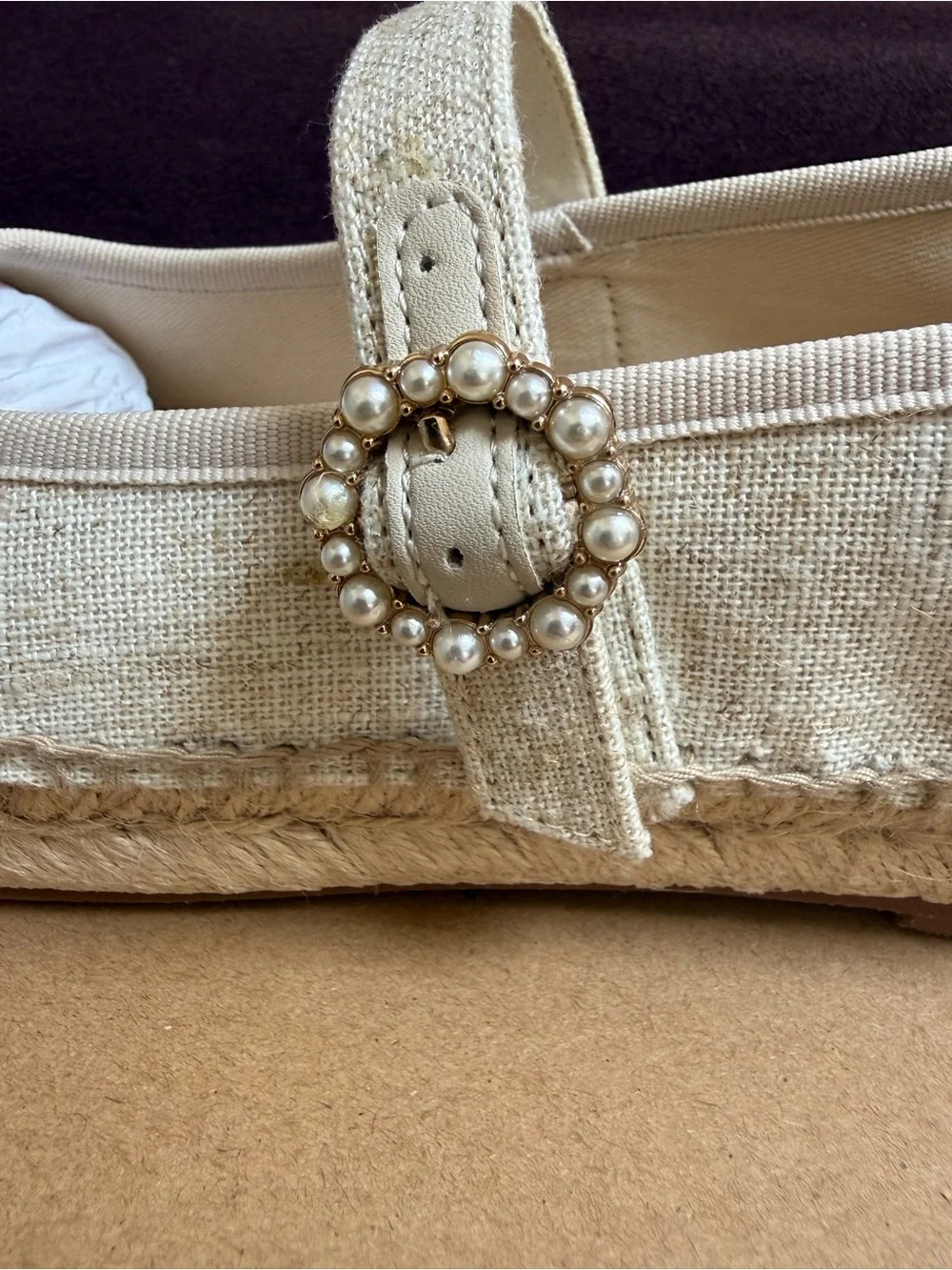 J.Crew Women’s Cream Espadrille Mary Jane Flats with Pearl Buckle size 6